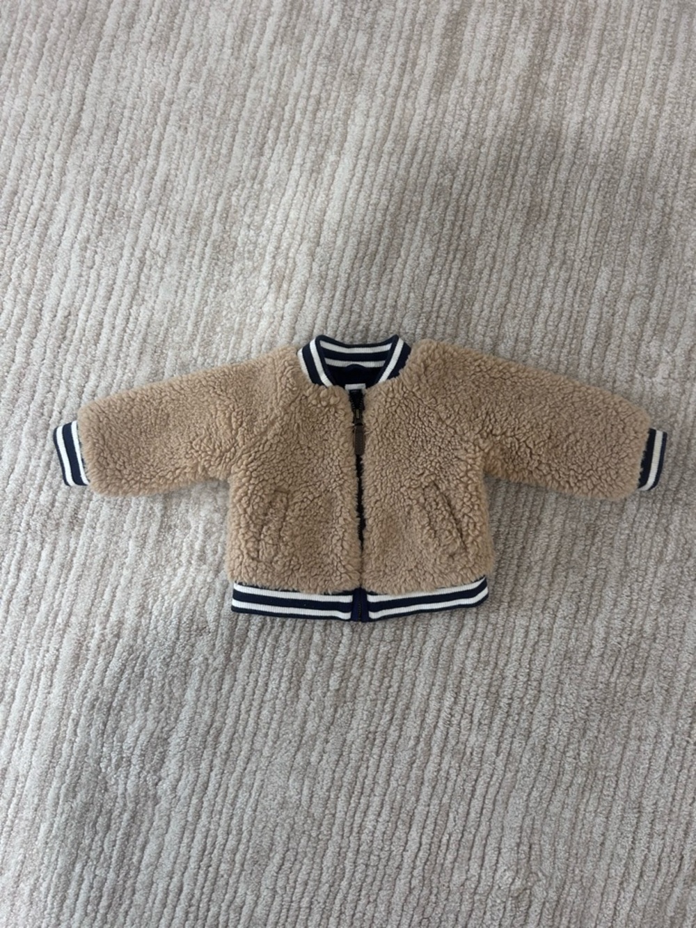 Janie and Jack Tan Sherpa Bomber with Navy & White Striped Trim